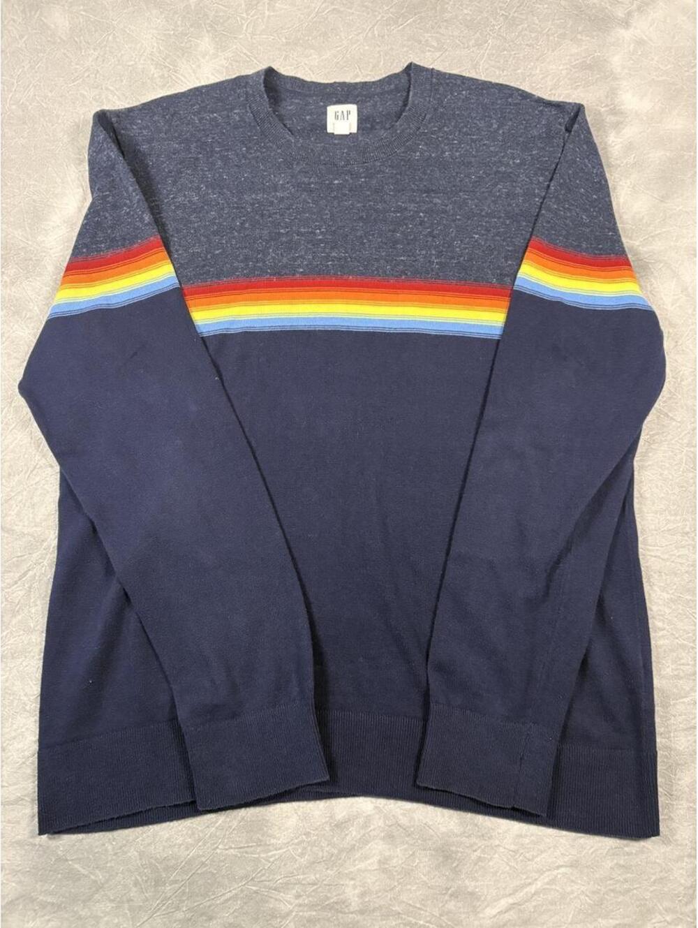 Vintage late 90s, Y2K Gap Navy Rainbow Stripe Crewneck Retro 70s Style L